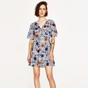 Zara Floral V Neck Short Sleeve Dress Size S
